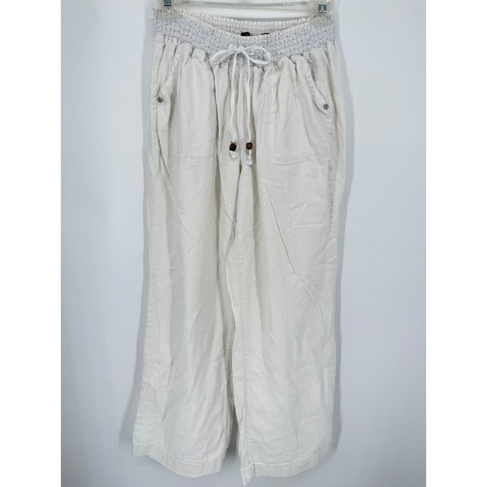 Beau Dawson Linen Blend Pants Women Large Cream Smocked Drawstring Wide Leg
